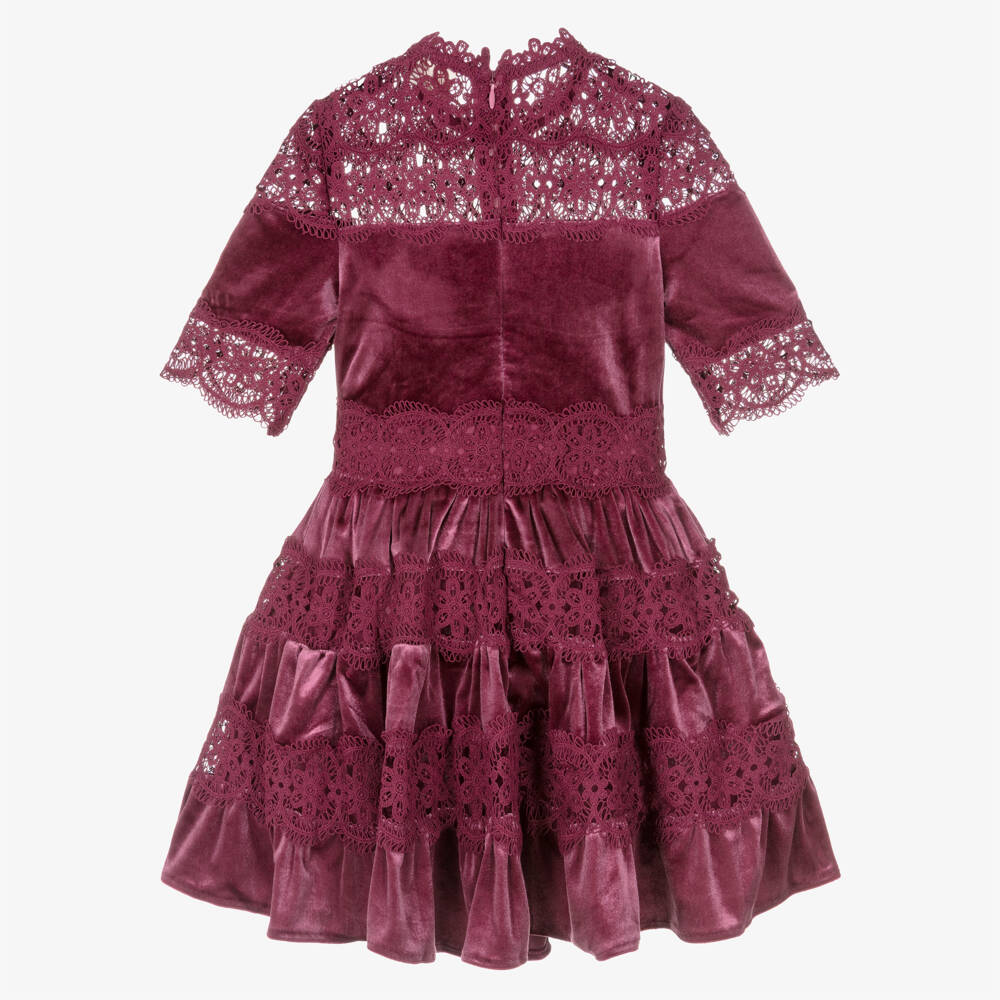 Marlo Kids-Red Burgandy Lace Velvet Dress | Childrensalon Outlet