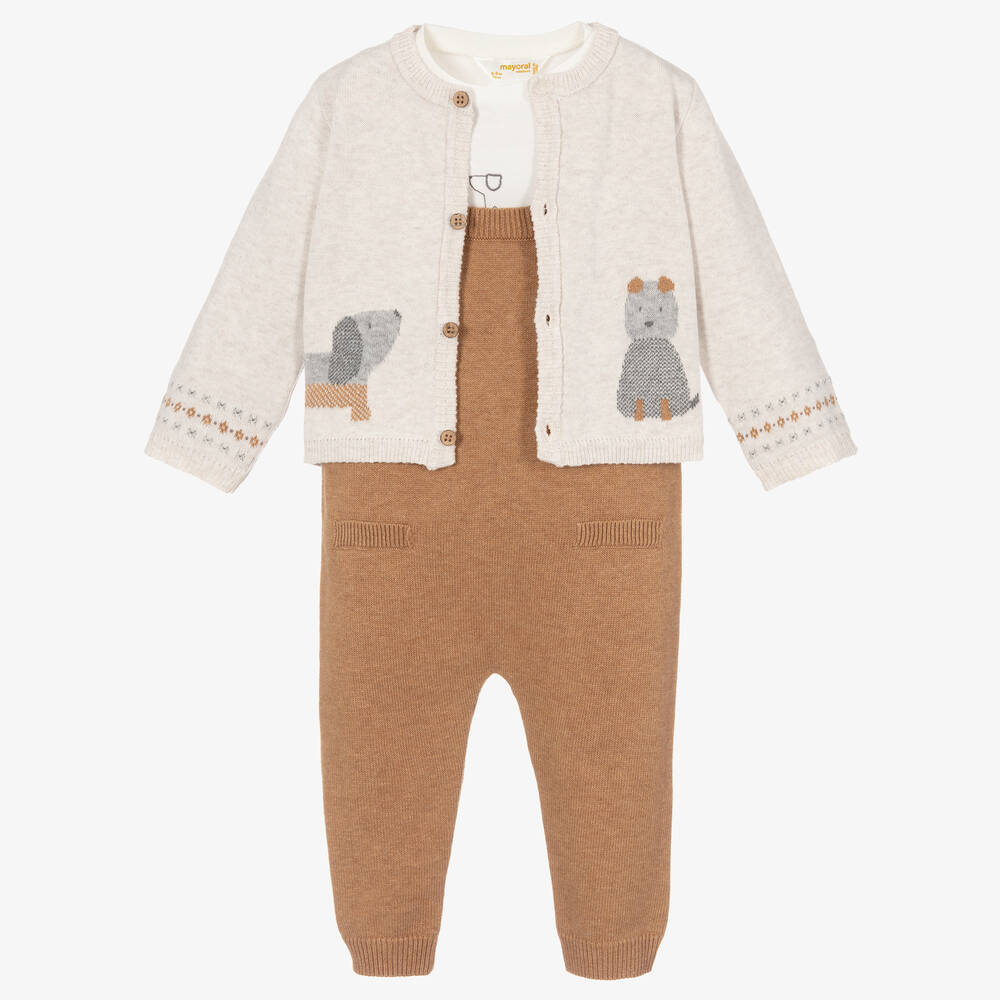 Mayoral Newborn - 3 Piece Baby Dungaree Set | Childrensalon