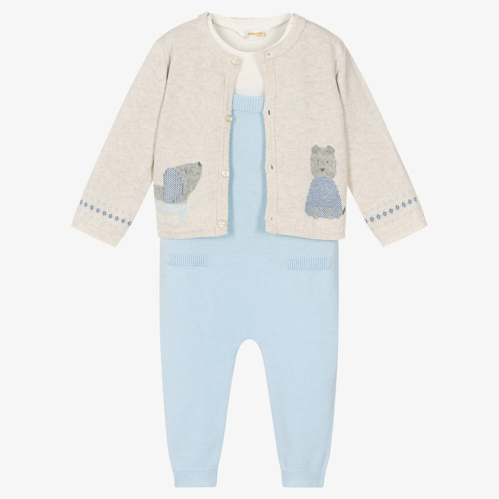 Mayoral Newborn - 3 Piece Baby Dungaree Set | Childrensalon