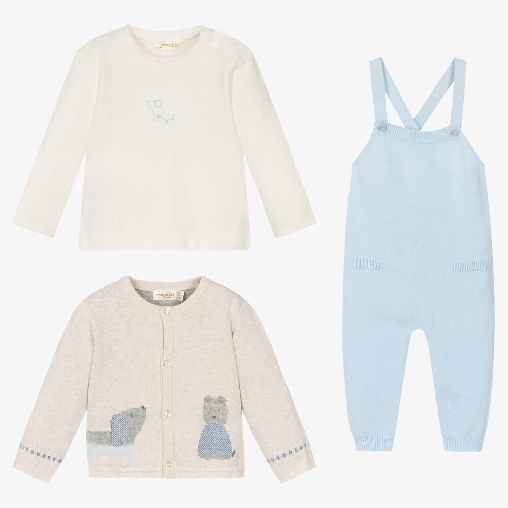 Mayoral Newborn-3 Piece Baby Dungaree Set | Childrensalon Outlet