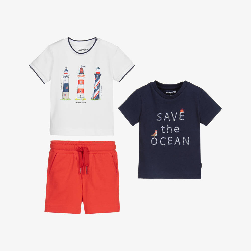 Mayoral-طقم شورت 3 قطع قطن لون أحمر، أبيض وكحلي | Childrensalon Outlet