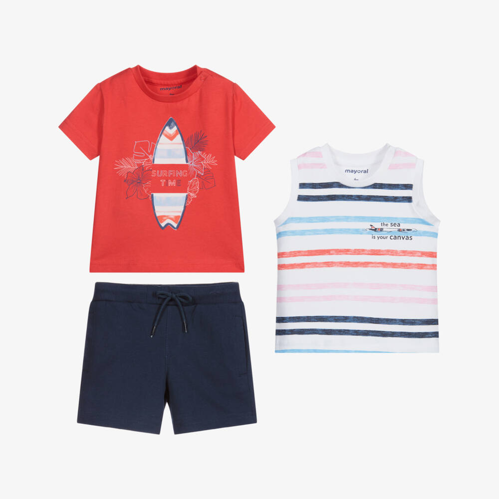 Mayoral-طقم شورت 3 قطع قطن لون أحمر، كحلي وأبيض | Childrensalon Outlet