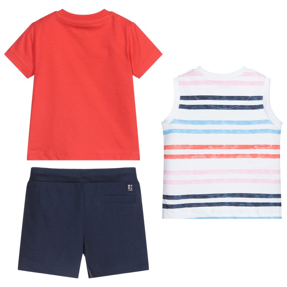 Mayoral-طقم شورت 3 قطع قطن لون أحمر، كحلي وأبيض | Childrensalon Outlet