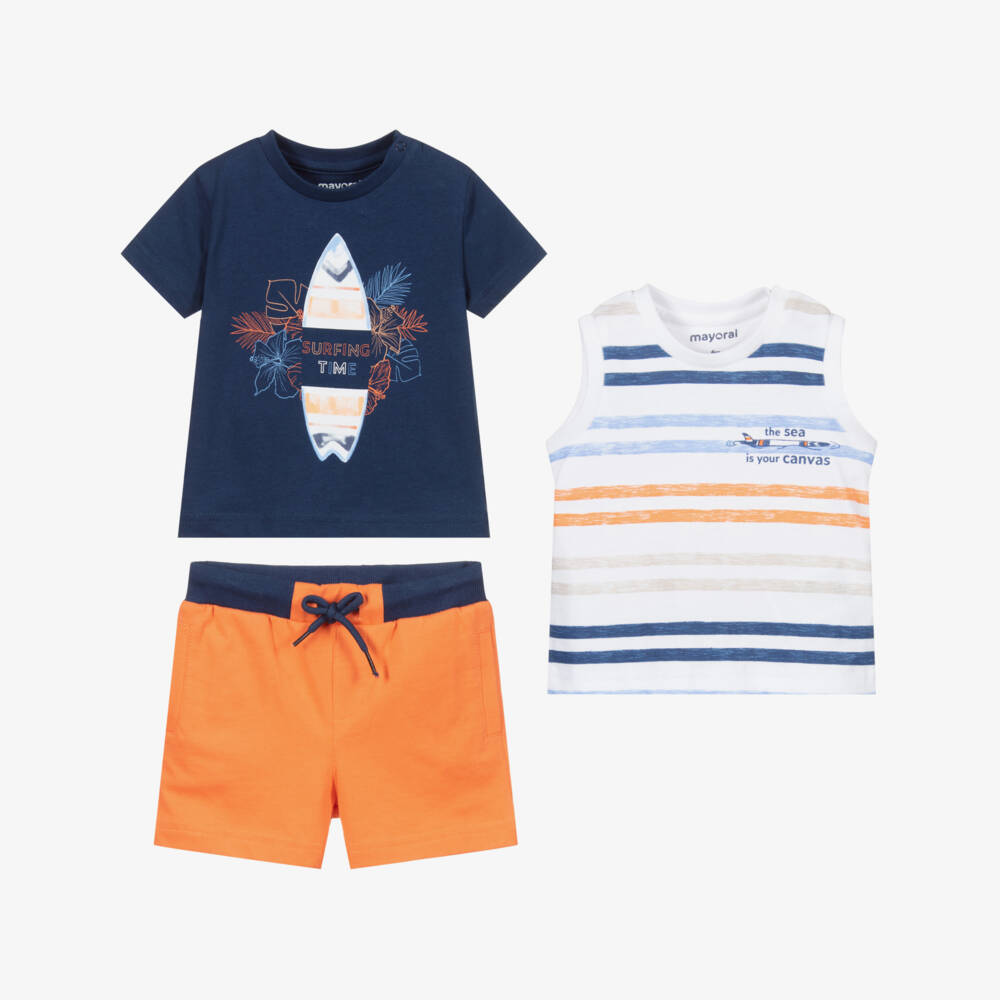 Mayoral-طقم شورت 3 قطع قطن لون برتقالي، كحلي وأبيض | Childrensalon Outlet