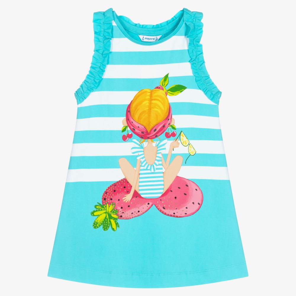 Mayoral - Aqua Blue Striped Cotton Dress | Childrensalon