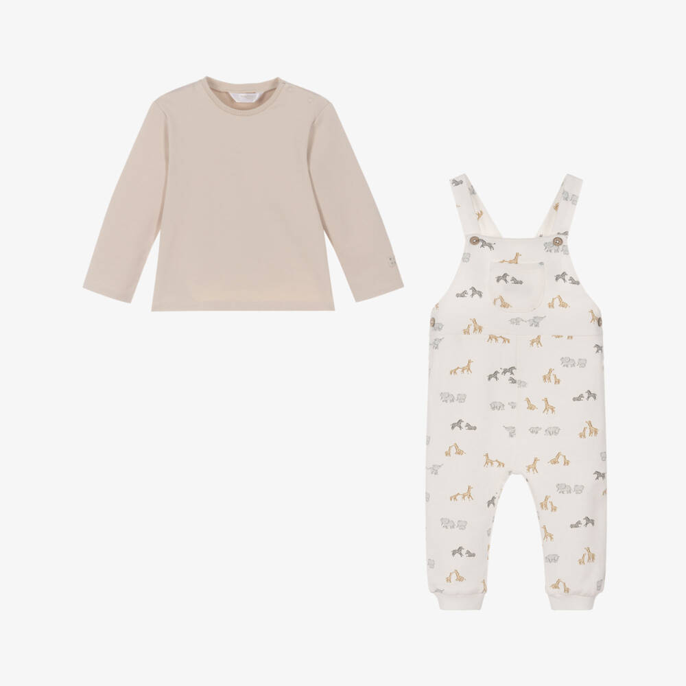Mayoral Newborn-Baby Boys Beige Cotton Safari Animals Dungaree Set | Childrensalon Outlet