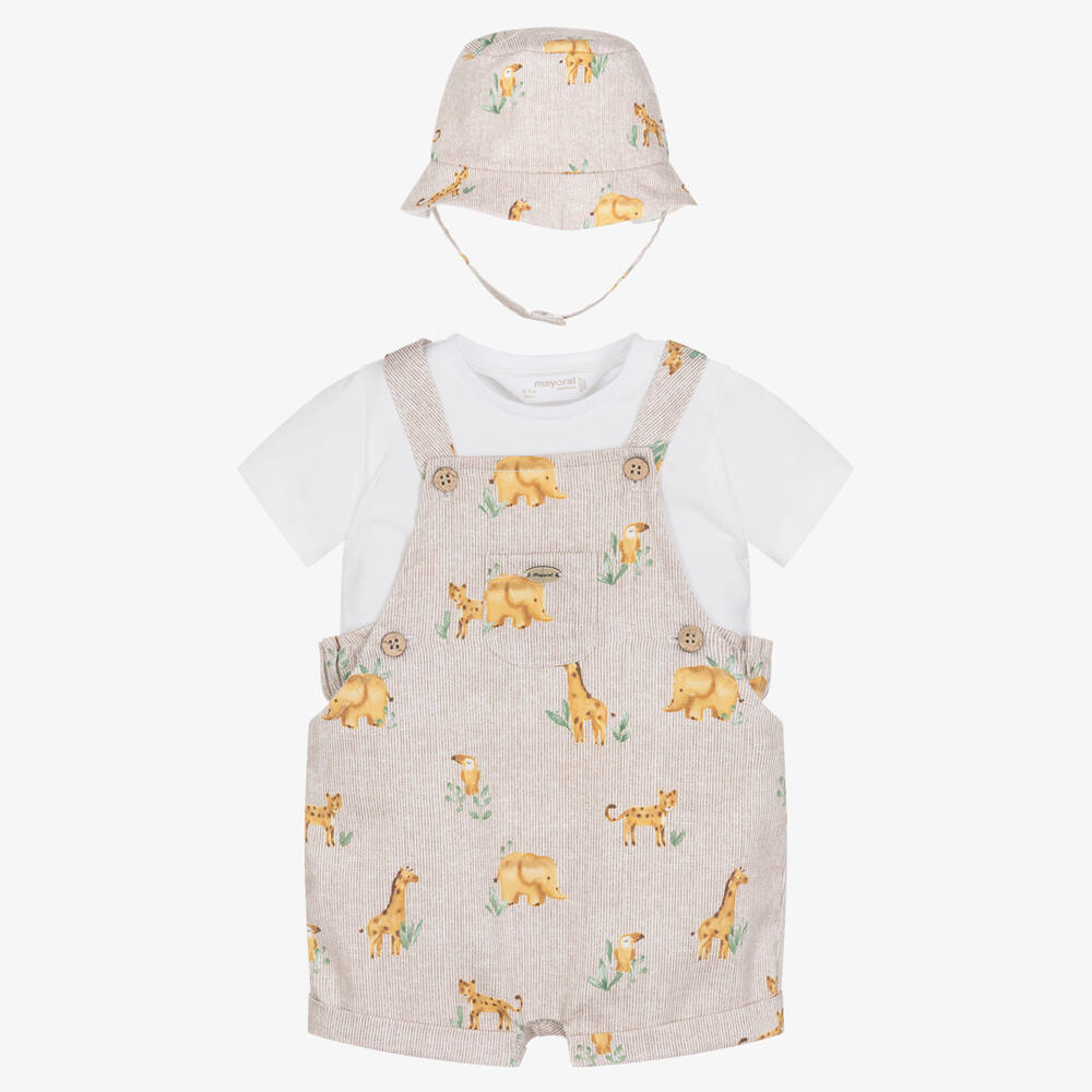 Mayoral Baby Boys Beige Cotton Safari Dungaree Set Childrensalon Outlet
