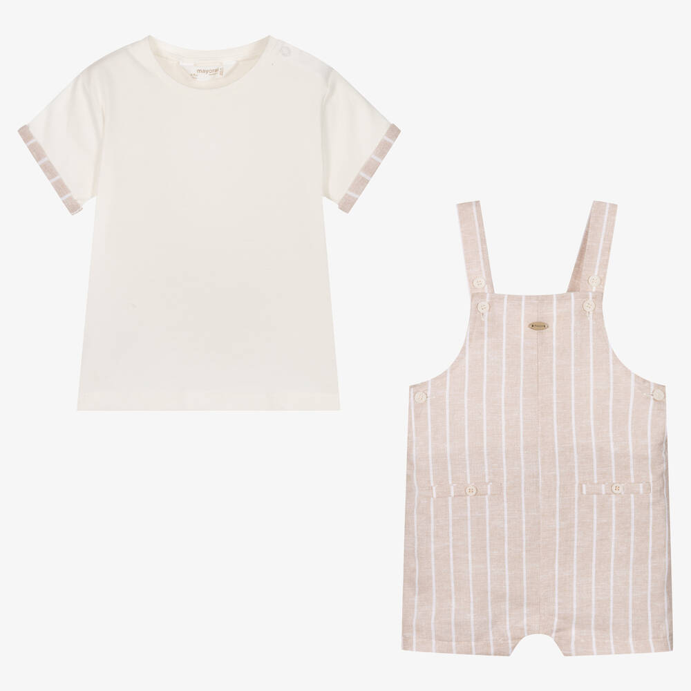 Mayoral-Бежевая футболка и полукомбинезон из хлопка и льна | Childrensalon Outlet