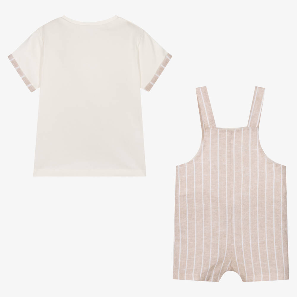 Mayoral-Бежевая футболка и полукомбинезон из хлопка и льна | Childrensalon Outlet