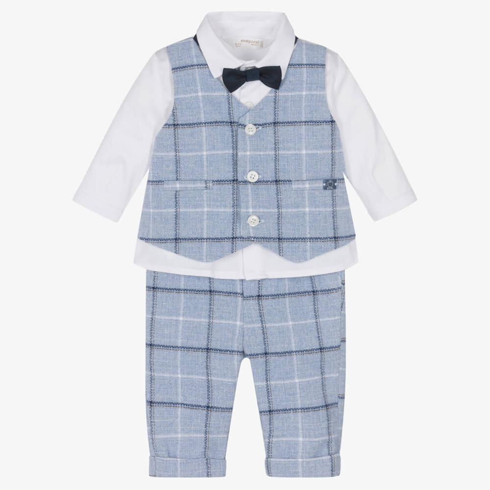 Mayoral - Baby Boys Blue Check Cotton Trouser Set | Childrensalon