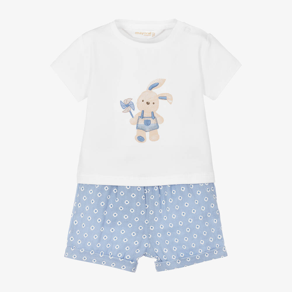 Mayoral Newborn - Baby Boys Blue Cotton Bunny Shorts Set
