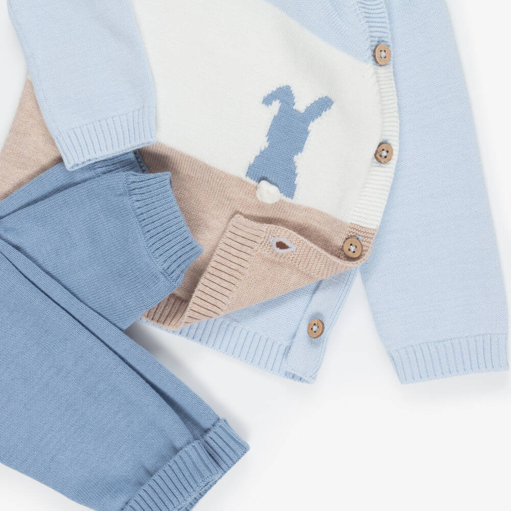 Mayoral Newborn-Baby Boys Blue Cotton Knit Bunny Trouser Set | Childrensalon Outlet