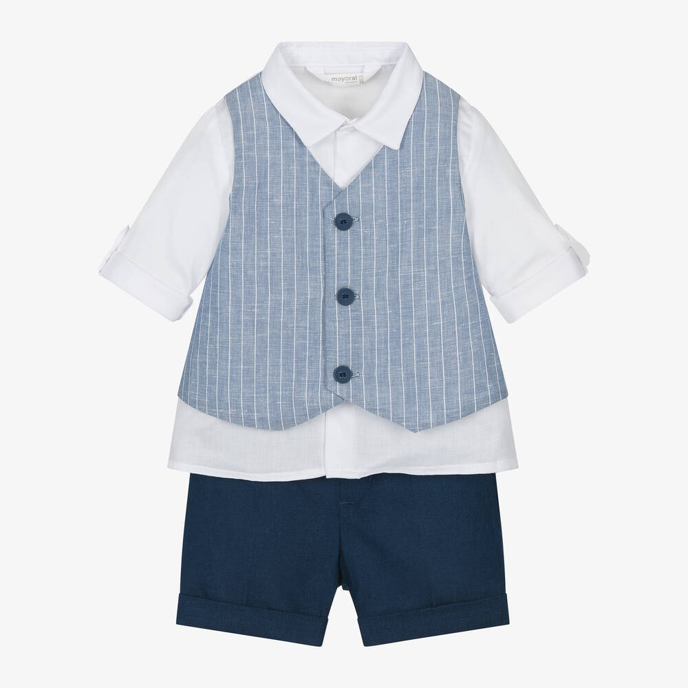 Mayoral Newborn-طقم شورت مزيج قطن وكتان لون أزرق وأبيض | Childrensalon Outlet