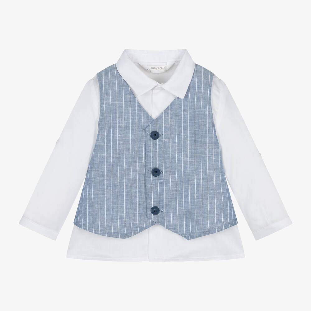 Mayoral Newborn-طقم شورت مزيج قطن وكتان لون أزرق وأبيض | Childrensalon Outlet