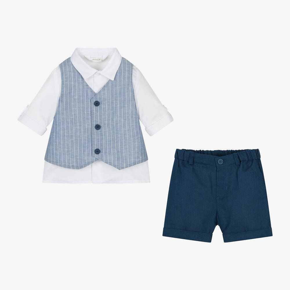 Mayoral Newborn-طقم شورت مزيج قطن وكتان لون أزرق وأبيض | Childrensalon Outlet