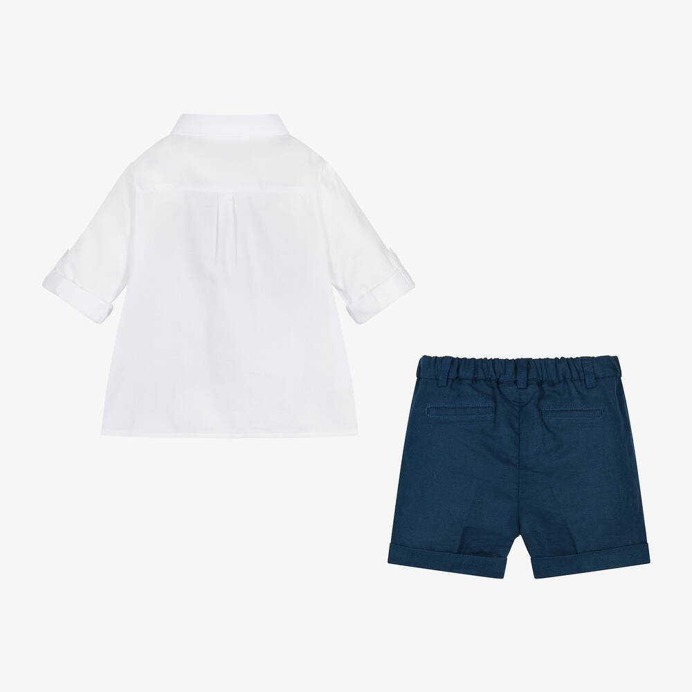 Mayoral Newborn-طقم شورت مزيج قطن وكتان لون أزرق وأبيض | Childrensalon Outlet