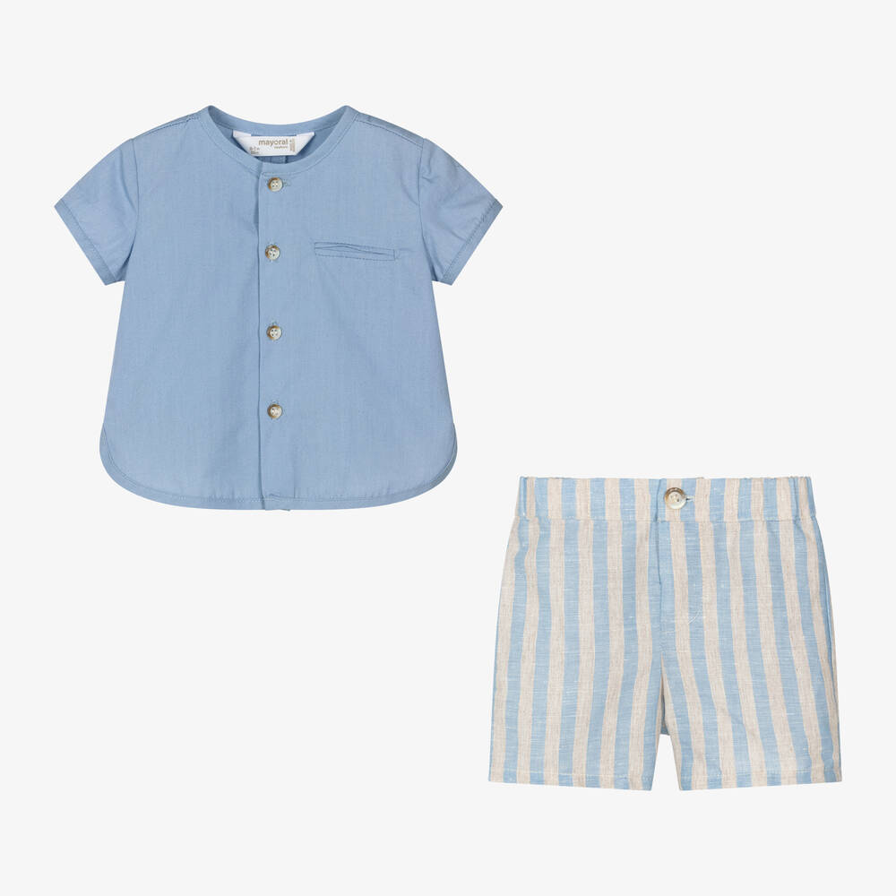 Mayoral-طقم شورت قطن وكتان لون أزرق وبيج للمواليد | Childrensalon Outlet