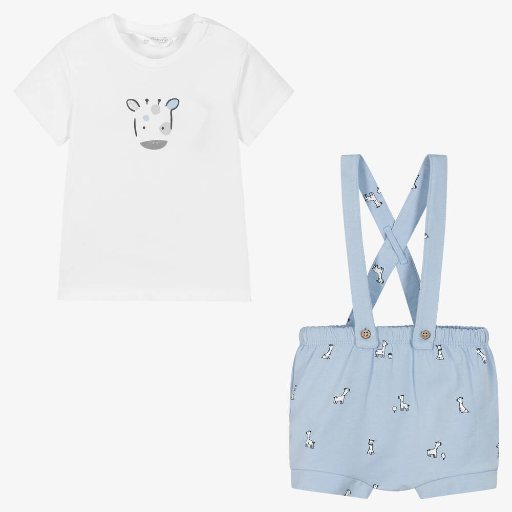 Mayoral-طقم شورت قطن مستدام جيرسي لون أزرق وأبيض | Childrensalon Outlet