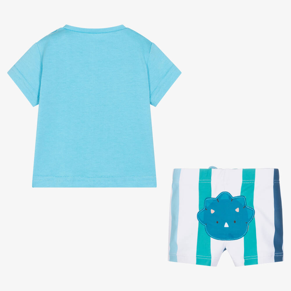 Mayoral-Голубая футболка с динозавром и плавки-шорты | Childrensalon Outlet