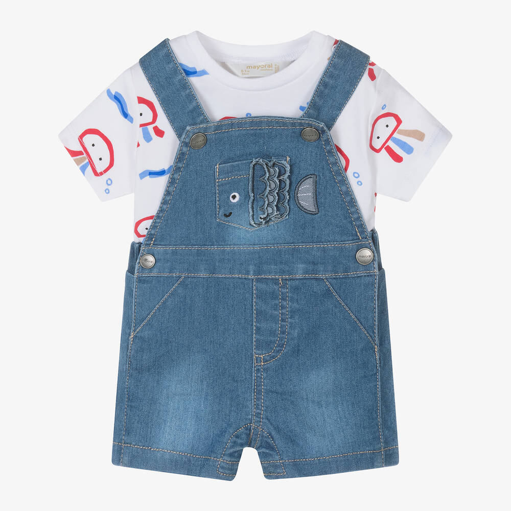 Mayoral-Baby Boys Blue Fish Denim Dungaree Set | Childrensalon Outlet