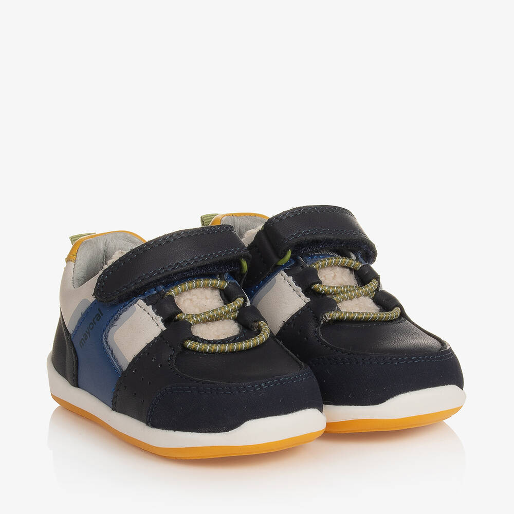 Mayoral - Baby Boys Blue Leather First Walker Trainers | Childrensalon
