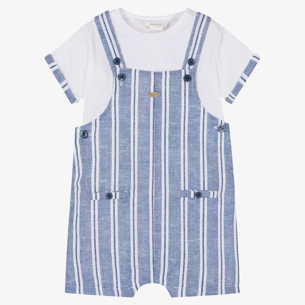 Mayoral - Baby Boys Blue Linen & Cotton Dungaree Set | Childrensalon