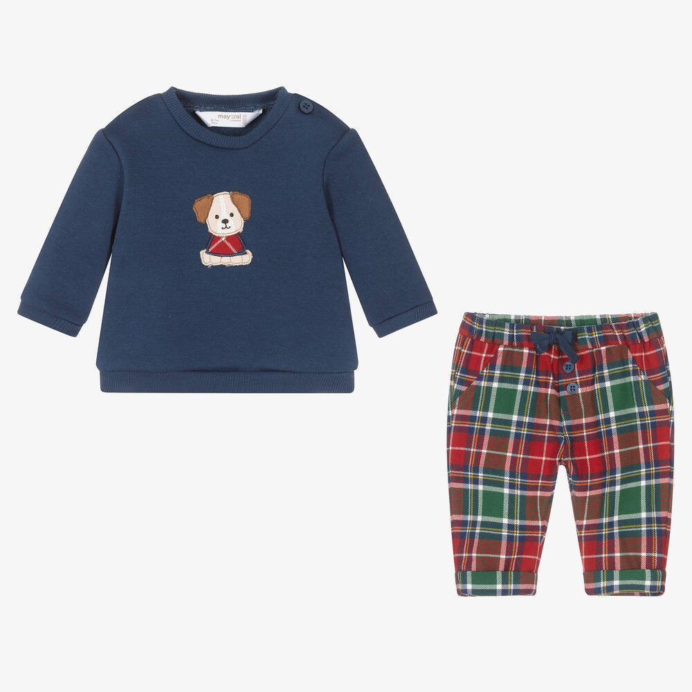 Mayoral-Baby Boys Blue & Red Tartan Trouser Set | Childrensalon Outlet