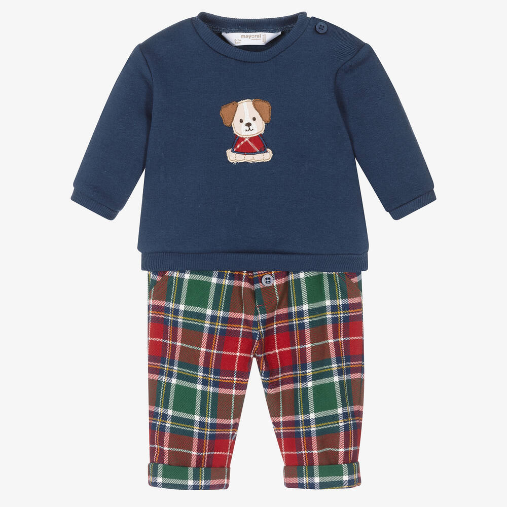 Mayoral - Baby Boys Blue & Red Tartan Trouser Set | Childrensalon