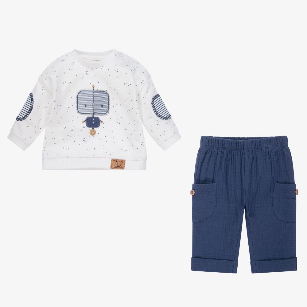 مايورال Newborn-طقم بنطلون قطن جيرسي لون أزرق وعاجي للمواليد | Childrensalon Outlet