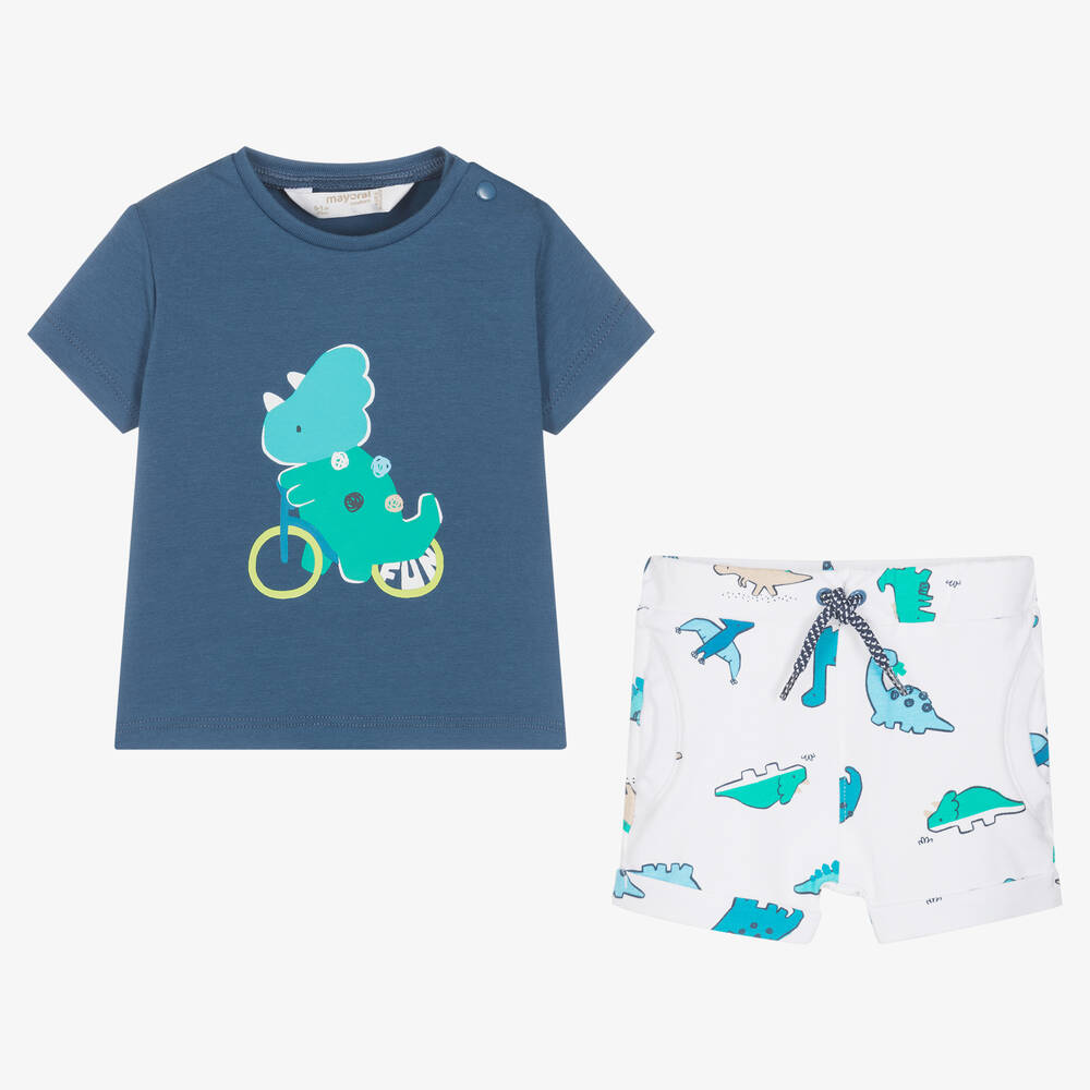 Mayoral-طقم شورت قطن عضوي لون أزرق وأبيض للمواليد | Childrensalon Outlet