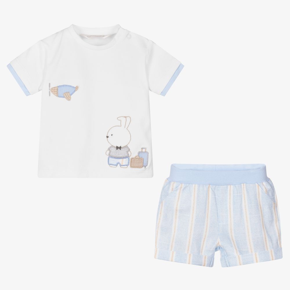 مايورال Newborn-طقم شورت قطن جيرسي لون أزرق وأبيض للمواليد | Childrensalon Outlet