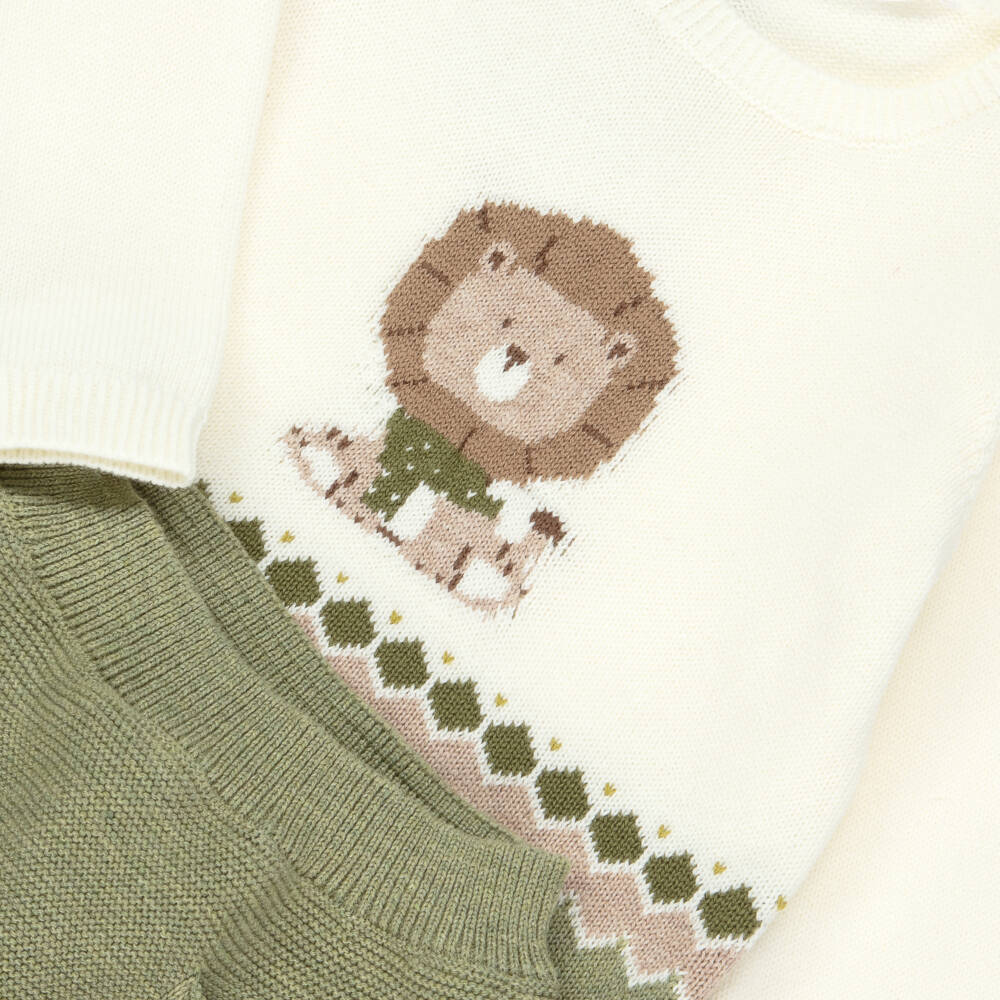 Mayoral Newborn-Baby Boys Green Cotton Knit 2 Piece Lion Babygrow | Childrensalon Outlet
