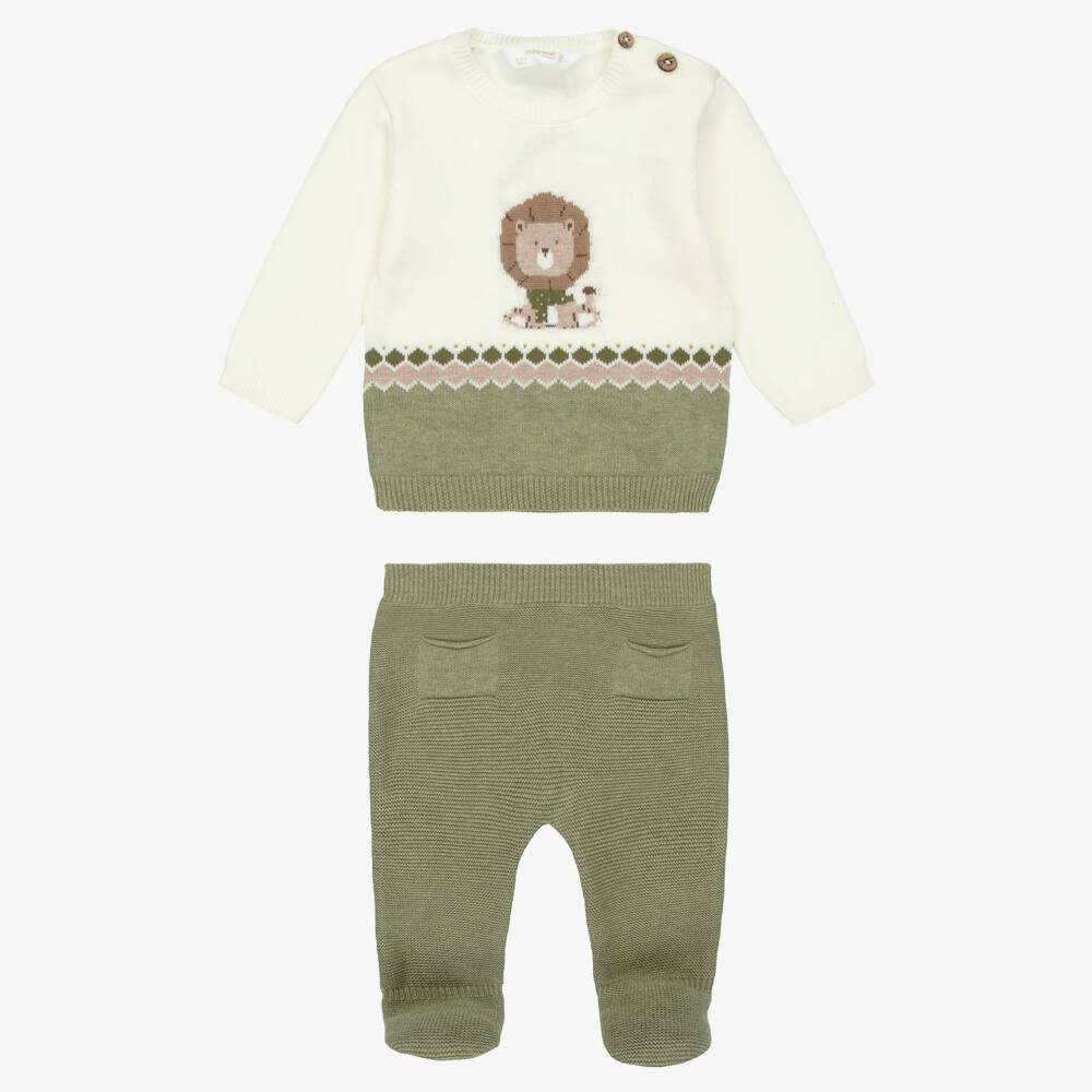 Mayoral Newborn-Baby Boys Green Cotton Knit 2 Piece Lion Babygrow | Childrensalon Outlet
