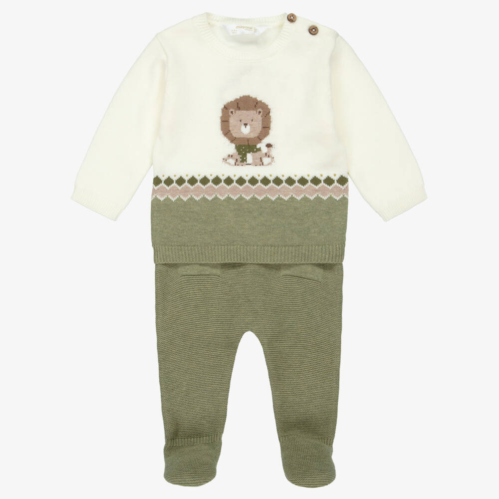 Mayoral Newborn-Baby Boys Green Cotton Knit 2 Piece Lion Babygrow | Childrensalon Outlet