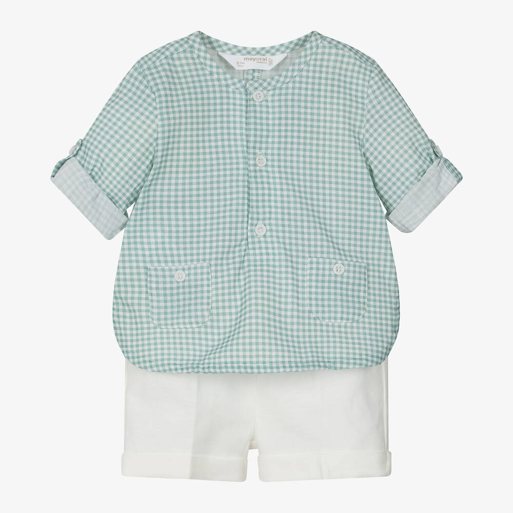 Mayoral-Baby Boys Green Gingham Cotton Shorts Set | Childrensalon Outlet