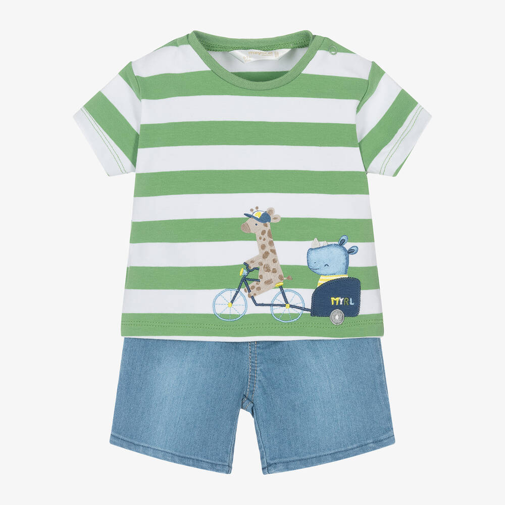Mayoral Newborn-Baby Boys Green Safari Denim Shorts Set | Childrensalon Outlet