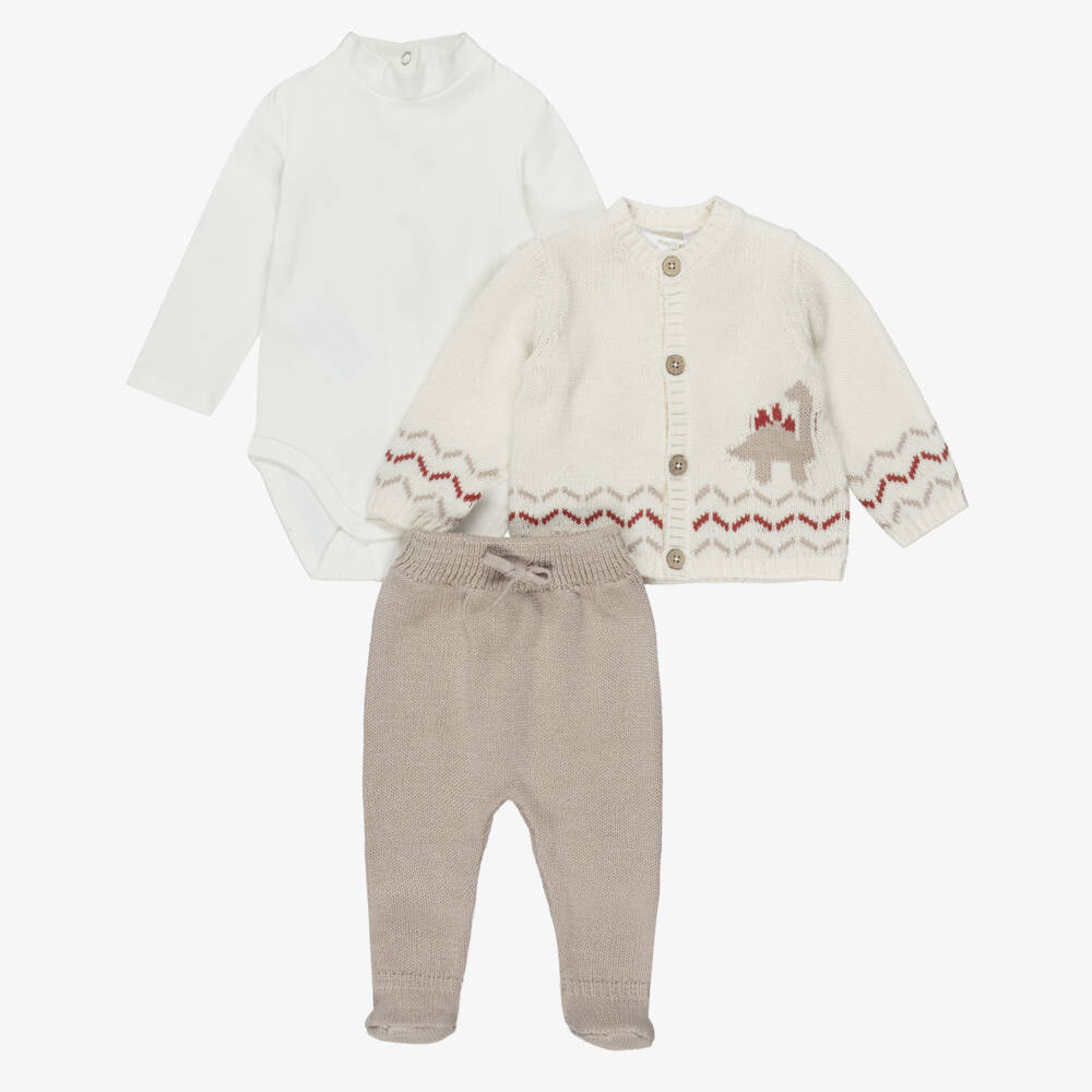 Mayoral Newborn-Baby Boys Ivory & Beige Cotton Knit Dinosaur Babysuit Set | Childrensalon Outlet