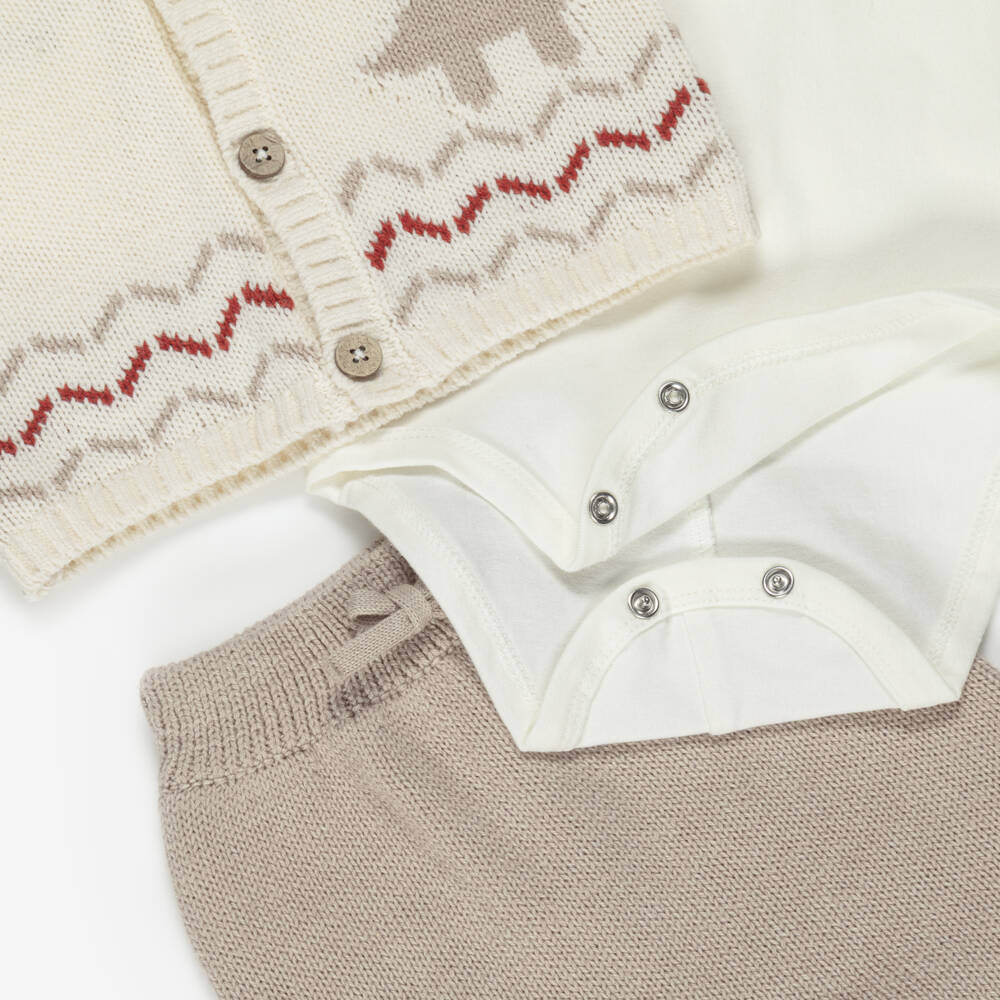 Mayoral Newborn-Baby Boys Ivory & Beige Cotton Knit Dinosaur Babysuit Set | Childrensalon Outlet