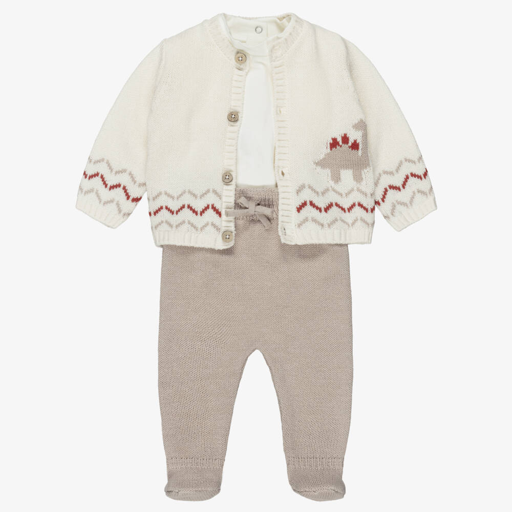 Mayoral Newborn-Baby Boys Ivory & Beige Cotton Knit Dinosaur Babysuit Set | Childrensalon Outlet