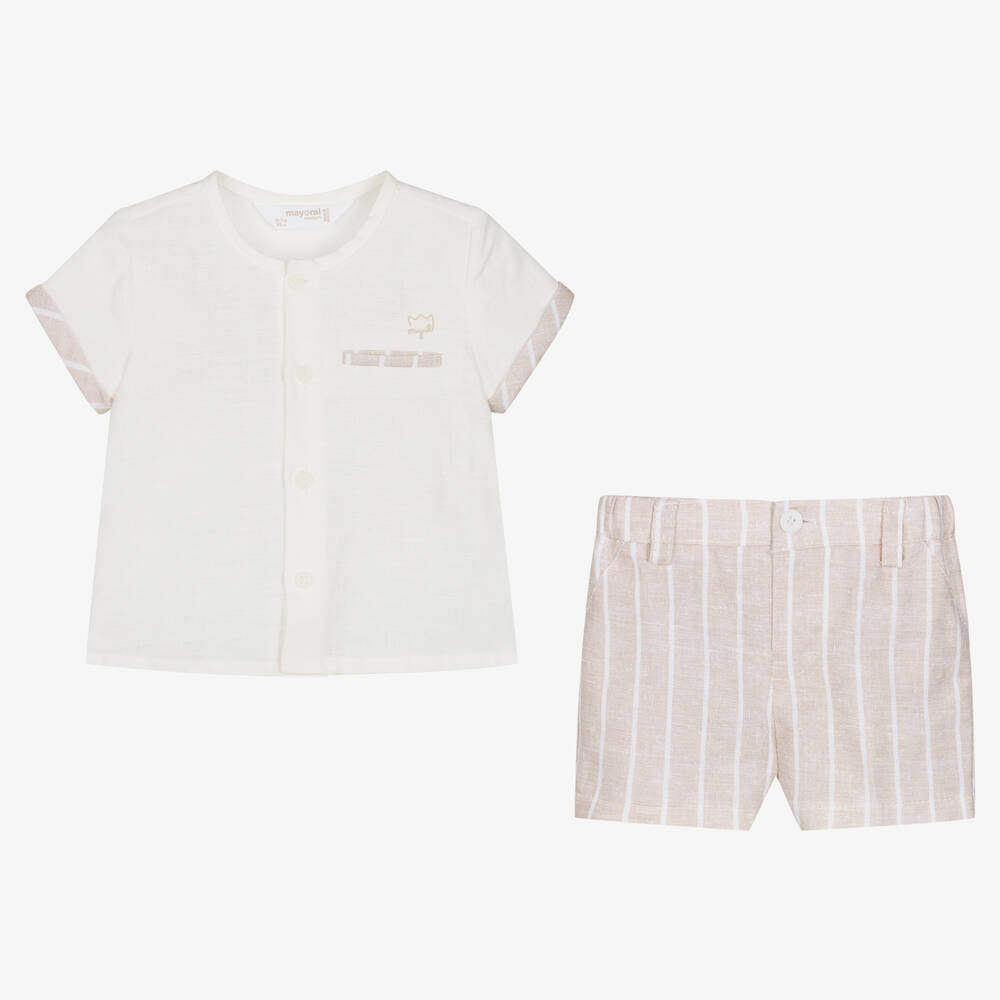 Mayoral-طقم شورت قطن وكتان لون عاجي وبيج للموااليد | Childrensalon Outlet