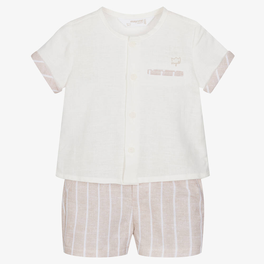 Mayoral-Baby Boys Ivory & Beige Linen Shorts Set | Childrensalon Outlet