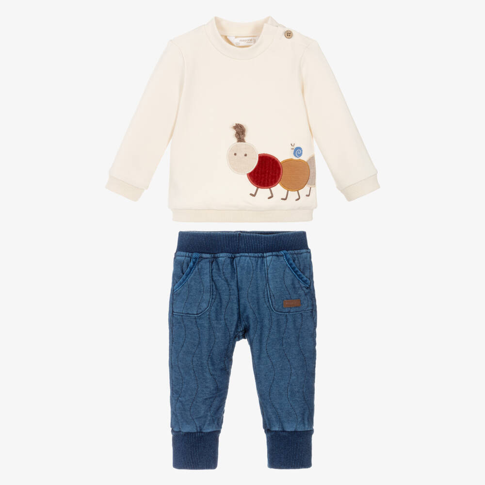 Mayoral Newborn-Baby Boys Ivory & Blue Cotton Caterpillar Trouser Set | Childrensalon Outlet