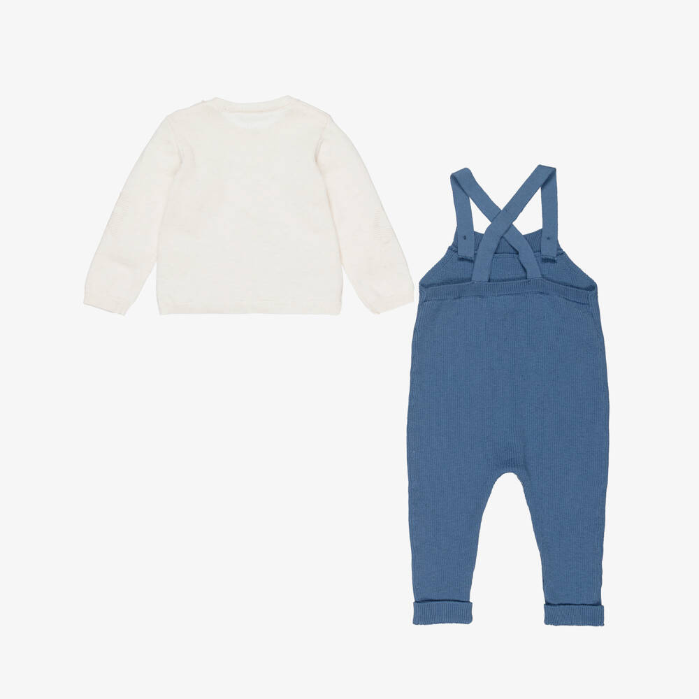 Mayoral Newborn-Baby Boys Ivory & Blue Knit Train Dungaree Set | Childrensalon Outlet