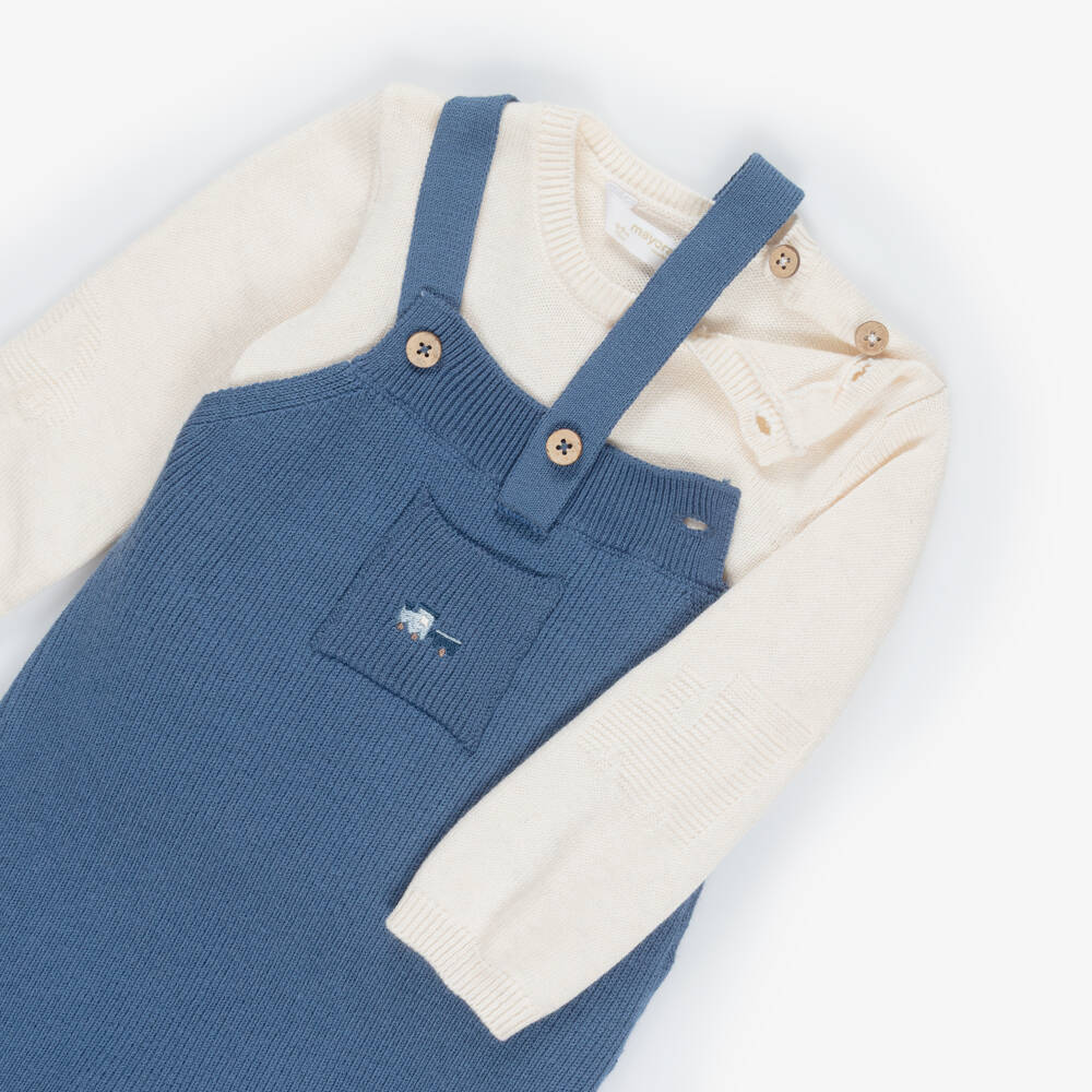 Mayoral Newborn-Baby Boys Ivory & Blue Knit Train Dungaree Set | Childrensalon Outlet