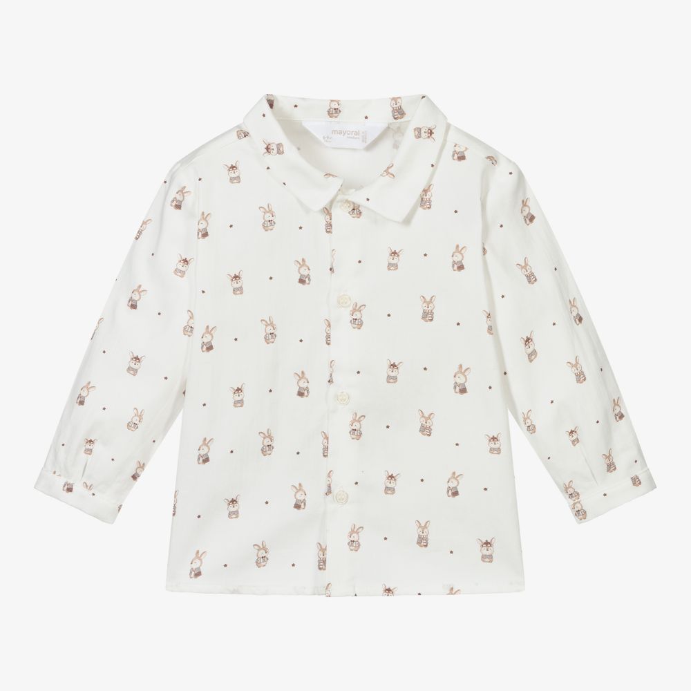 Mayoral Newborn - Кремовая рубашка с кроликами для маленьких мальчиков  | Childrensalon