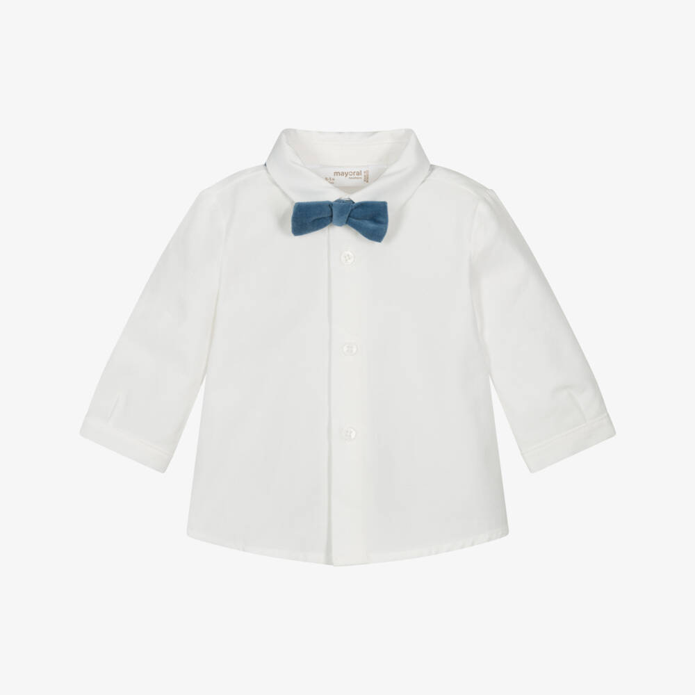Mayoral Newborn-Baby Boys Ivory Cotton Shirt & Blue Bow Tie | Childrensalon Outlet