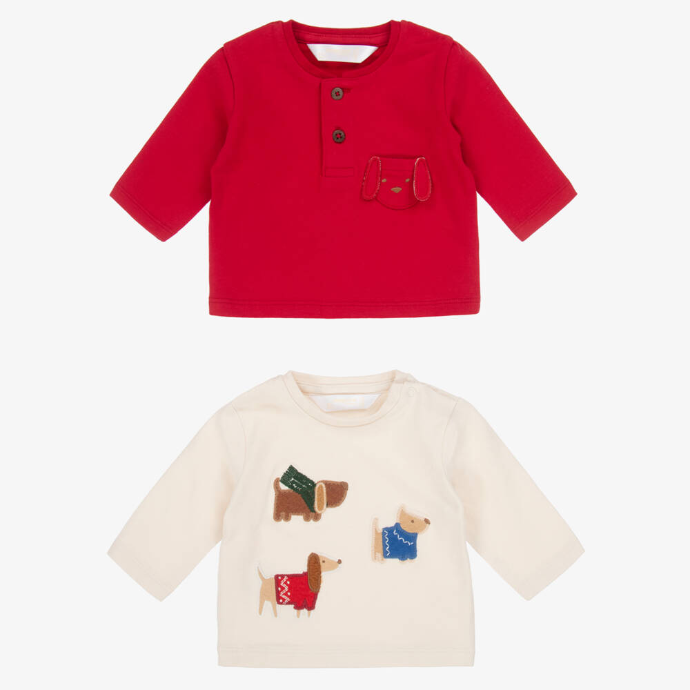 Mayoral Newborn-Baby Boys Red & Beige Cotton Puppy Dog Tops (2 Pack) | Childrensalon Outlet