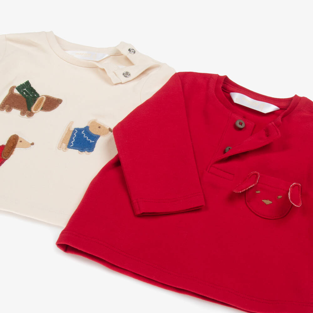 Mayoral Newborn-Baby Boys Red & Beige Cotton Puppy Dog Tops (2 Pack) | Childrensalon Outlet