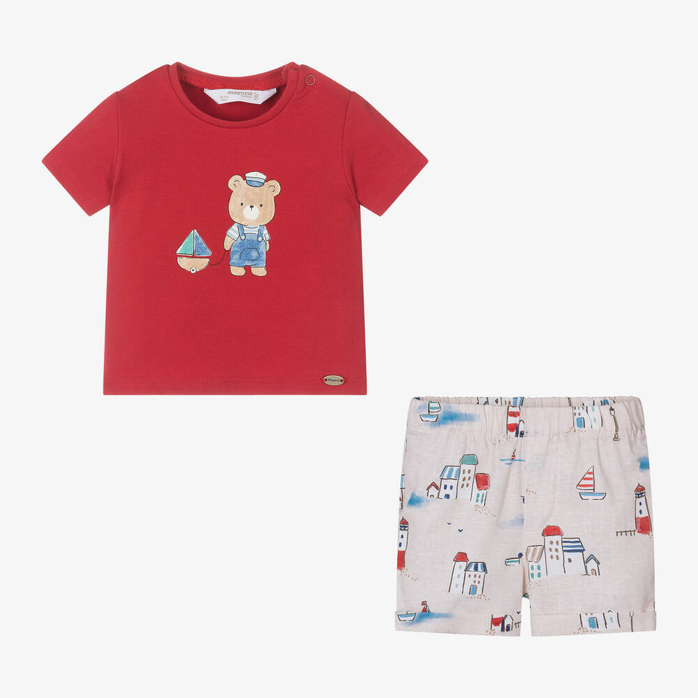 Mayoral-طقم شورت أطفال ولادي مزيج قطن وكتان لون أحمر | Childrensalon Outlet