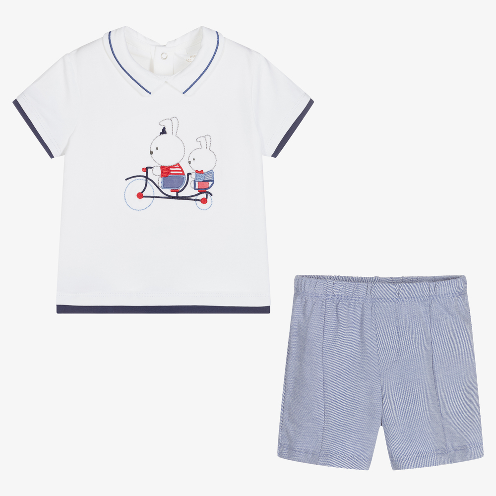 Mayoral Newborn-طقم شورت وتوب قطن جيرسي لون أبيض وأزرق للمواليد | Childrensalon Outlet